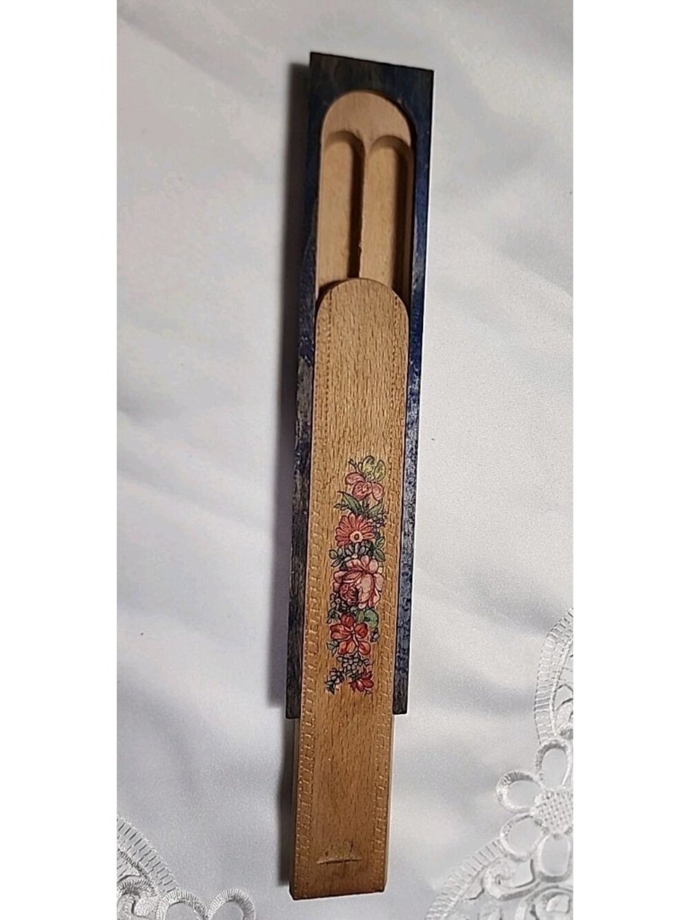 VTG‎ German Wooden Pencil Box Sliding Lid Office Desk Decor Floral Cottagecore